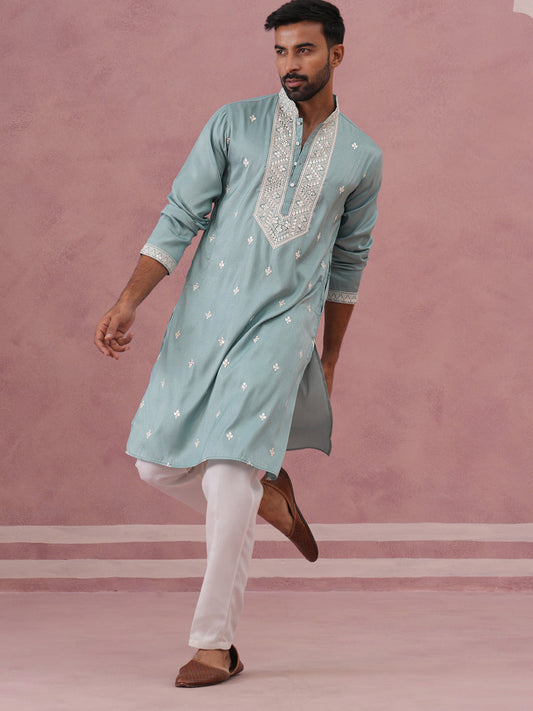 Men's Festive Cotton Blend Kurta Pyjama (65KP P 5360 Blue ) [FF] [A-1-4]