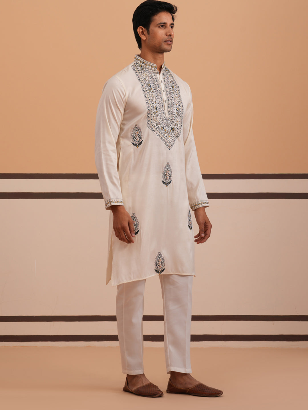 Traditional Embroidered Silk Blend Kurta Set (65KP P 5361 White ) [FF] [P-5]