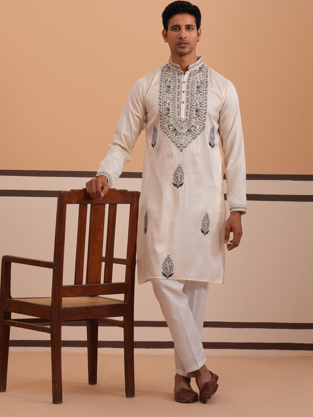 Traditional Embroidered Silk Blend Kurta Set (65KP P 5361 White ) [FF] [P-5]