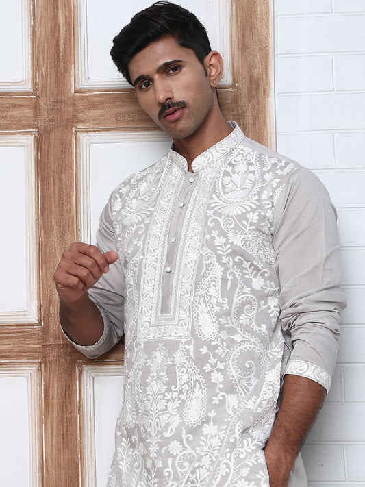 Floral Embroidered Silk Blend Kurta Set (65KP P 5362 Grey ) [FF] [A-1-4]