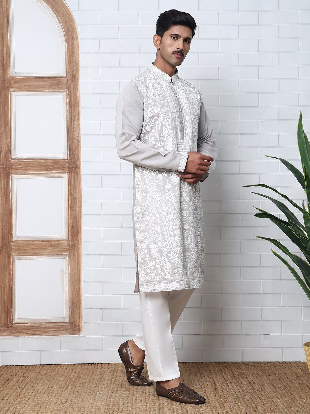 Floral Embroidered Silk Blend Kurta Set (65KP P 5362 Grey ) [FF] [A-1-4]