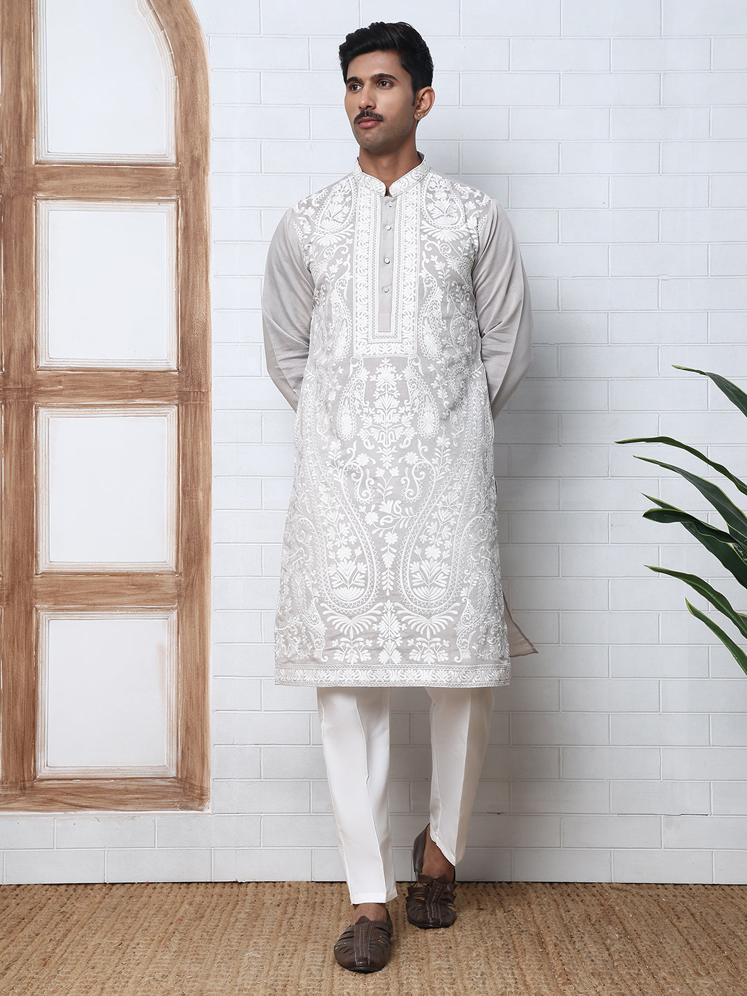 Floral Embroidered Silk Blend Kurta Set (65KP P 5362 Grey ) [FF] [A-1-4]