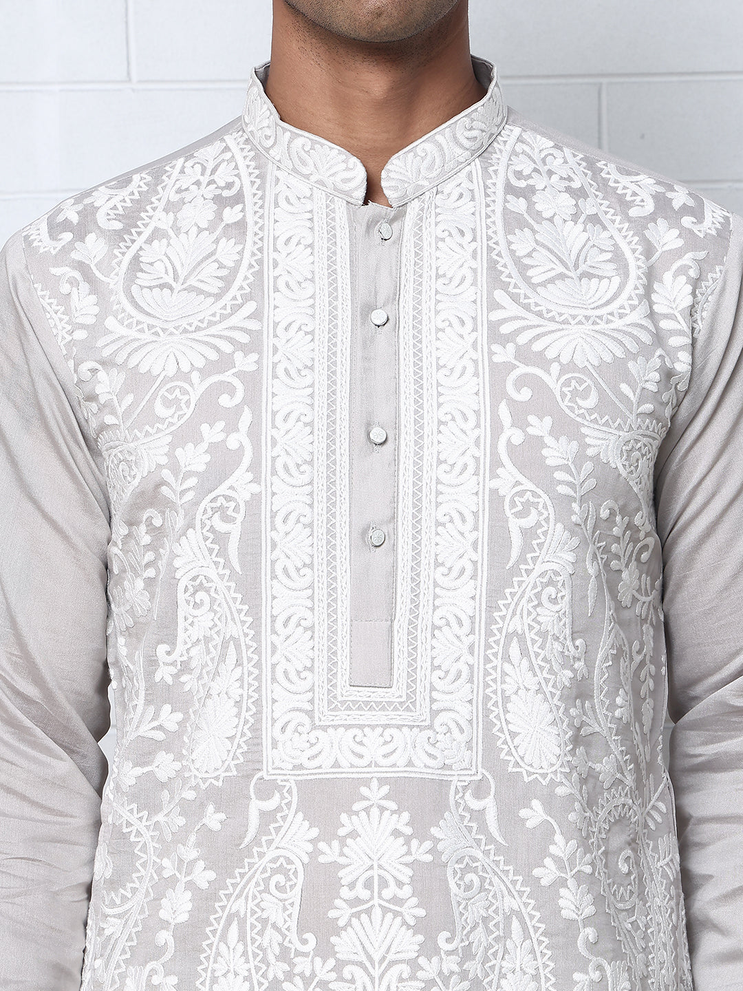 Floral Embroidered Silk Blend Kurta Set (65KP P 5362 Grey ) [FF] [A-1-4]