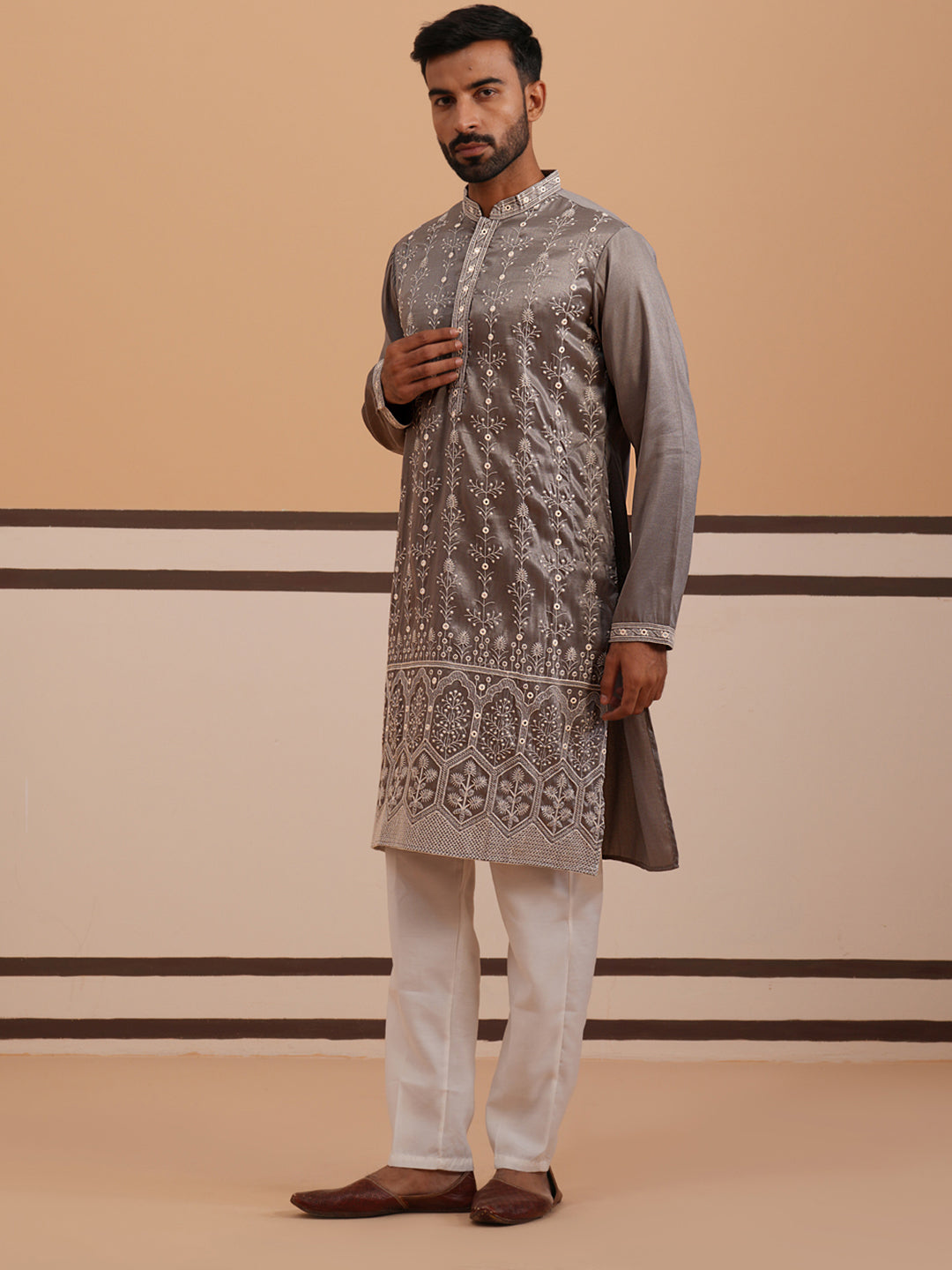 Festive Silk Blend Kurta Pyjama with Sequins Work (65KP P 5363 Grey ) [FF] [A-1-4]