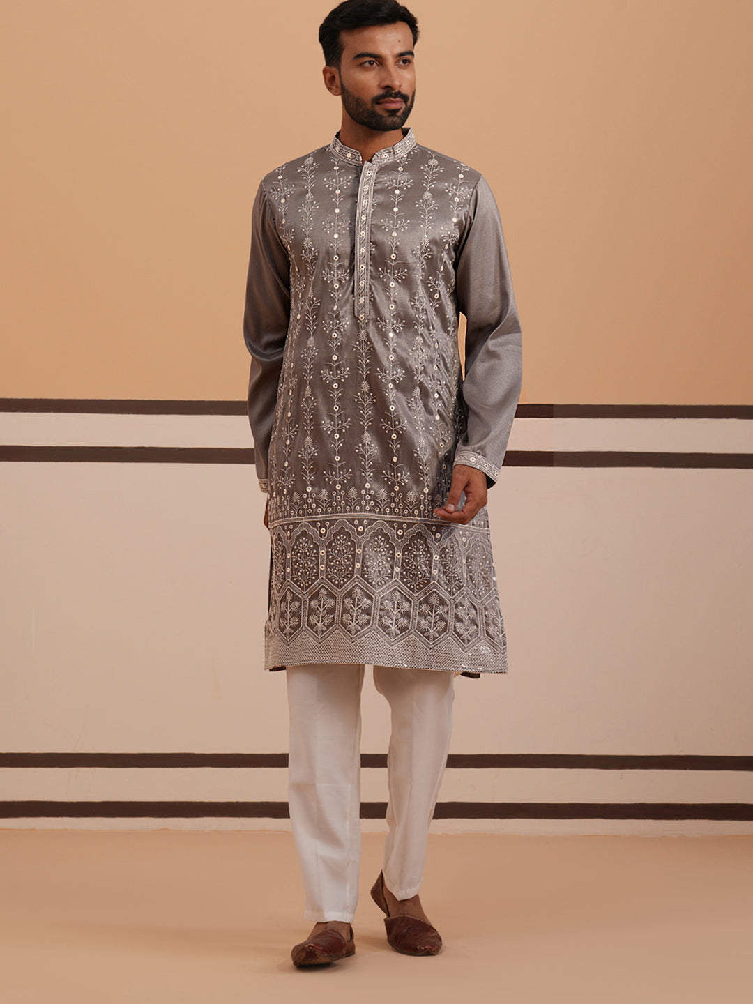 Festive Silk Blend Kurta Pyjama with Sequins Work (65KP P 5363 Grey ) [FF] [A-1-4]