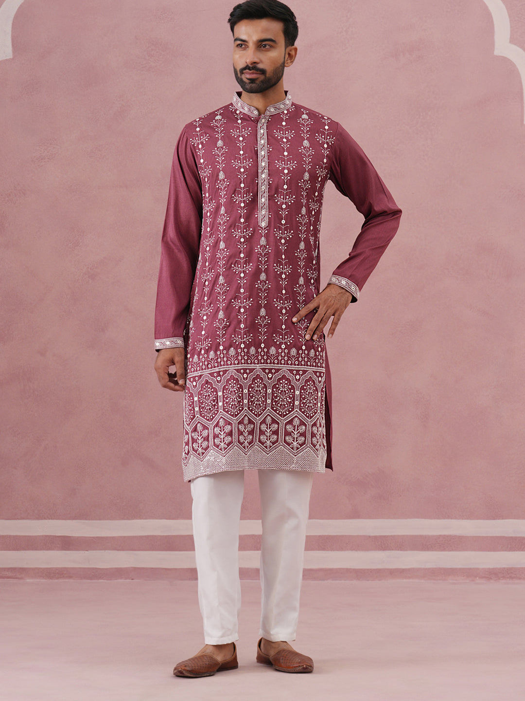 Festive Silk Blend Kurta Pyjama with Sequins Work ( 65KP P 5363 P 5363Maroon ) [FF] [A-1-4]