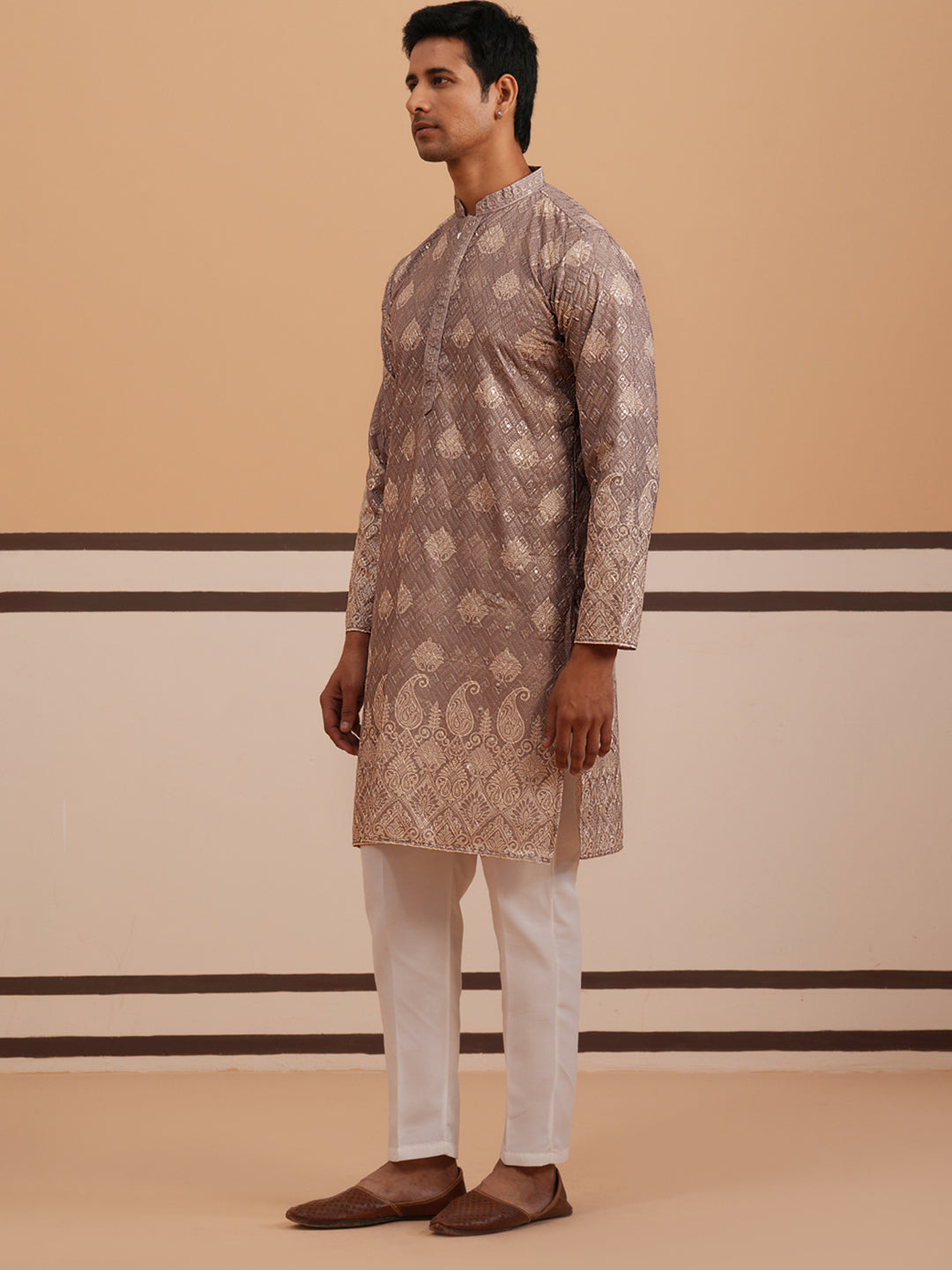 Embroidered Cotton-Blend Kurta Pyjama with Paisley Design (65KP P 5365 Grey ) [FF] [Q-12-15]