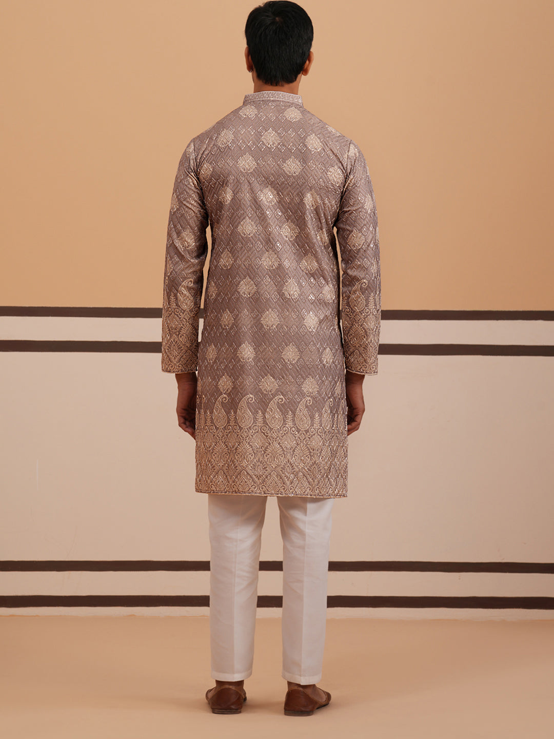Embroidered Cotton-Blend Kurta Pyjama with Paisley Design (65KP P 5365 Grey ) [FF] [Q-12-15]