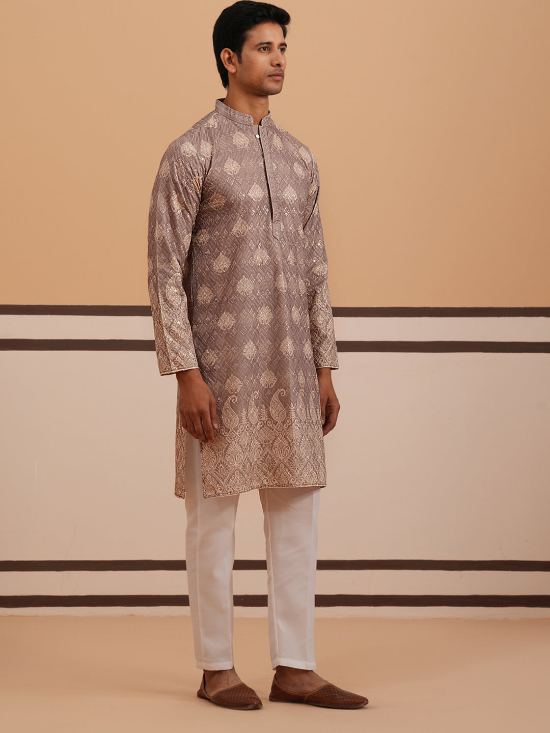 Embroidered Cotton-Blend Kurta Pyjama with Paisley Design (65KP P 5365 Grey ) [FF] [Q-12-15]