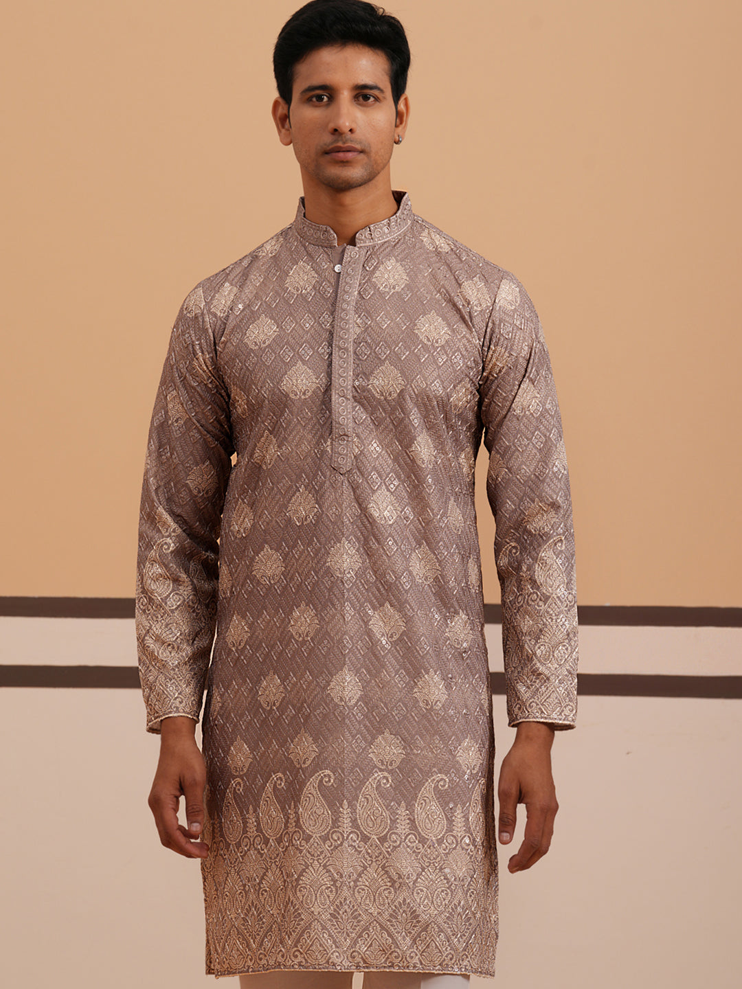 Embroidered Cotton-Blend Kurta Pyjama with Paisley Design (65KP P 5365 Grey ) [FF] [Q-12-15]