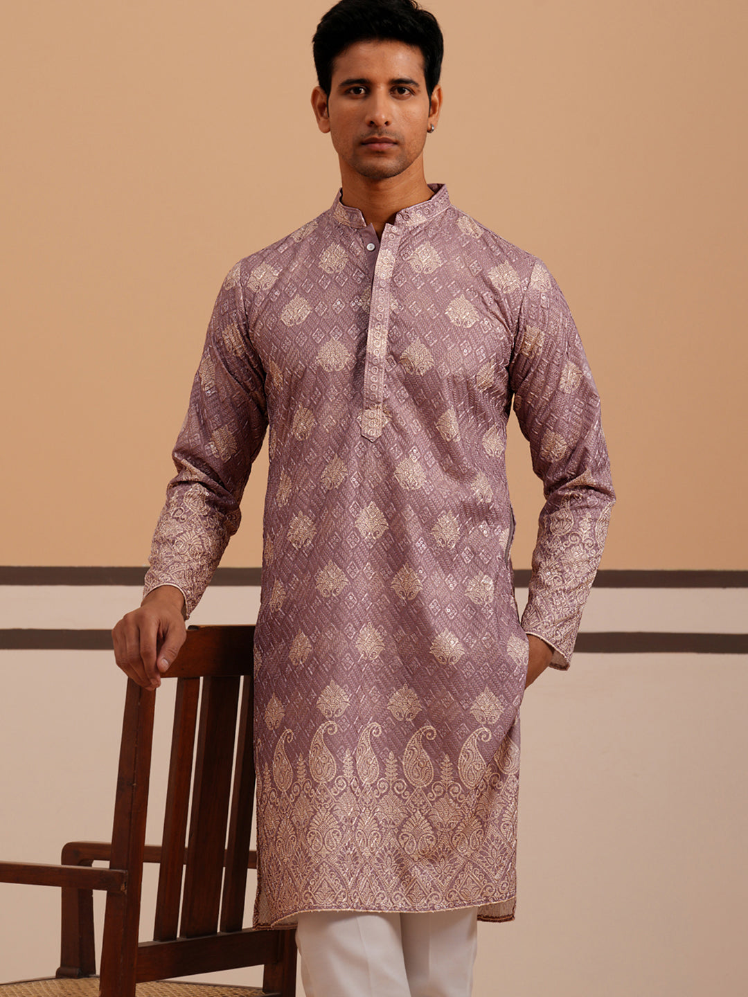 Embroidered Cotton-Blend Kurta Pyjama with Paisley Design ( 65KP P 5365 P 5365Magenta ) [FF] [Q-12-15]