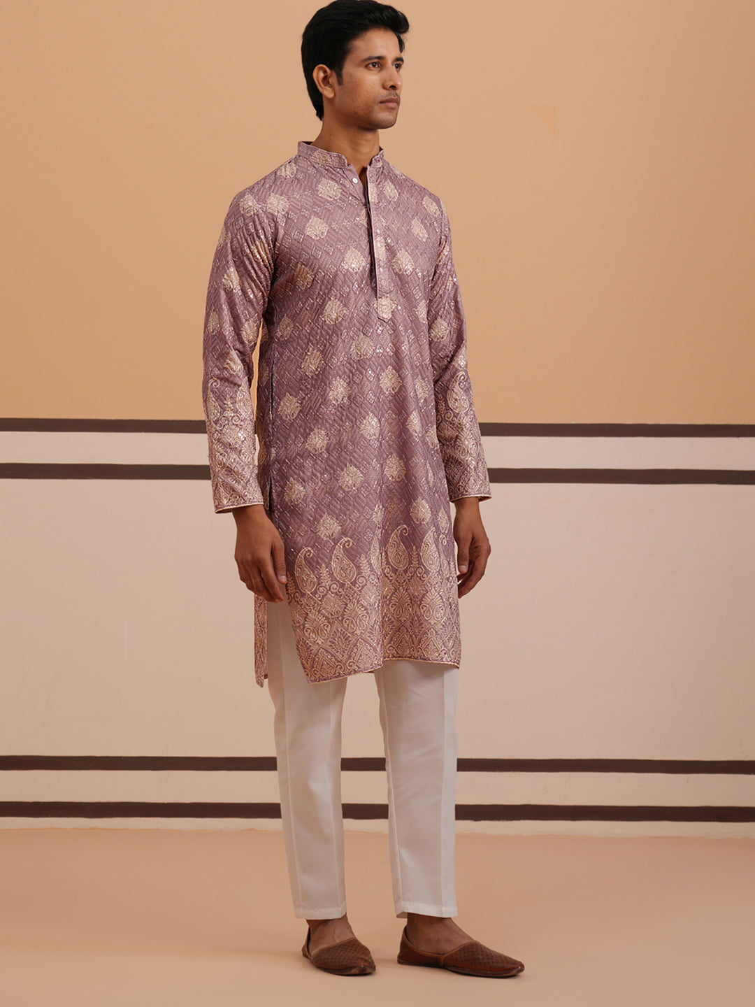 Embroidered Cotton-Blend Kurta Pyjama with Paisley Design ( 65KP P 5365 P 5365Magenta ) [FF] [Q-12-15]