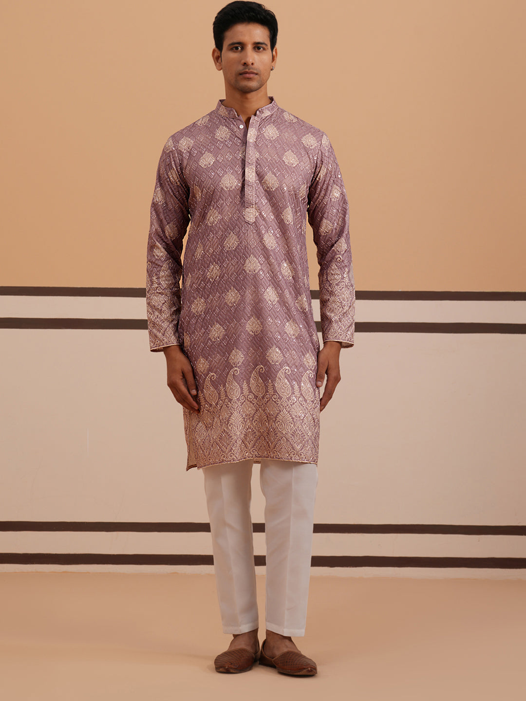 Embroidered Cotton-Blend Kurta Pyjama with Paisley Design ( 65KP P 5365 P 5365Magenta ) [FF] [Q-12-15]