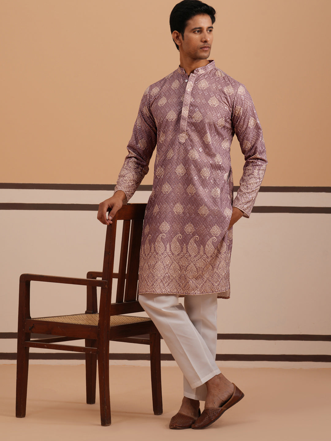 Embroidered Cotton-Blend Kurta Pyjama with Paisley Design ( 65KP P 5365 P 5365Magenta ) [FF] [Q-12-15]