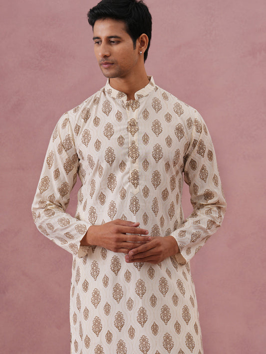 Silk-Blend Foil Printed Festive Kurta Pyjama ( 65KP P 5366 P 5366Cream ) [FF] [A-1-4]