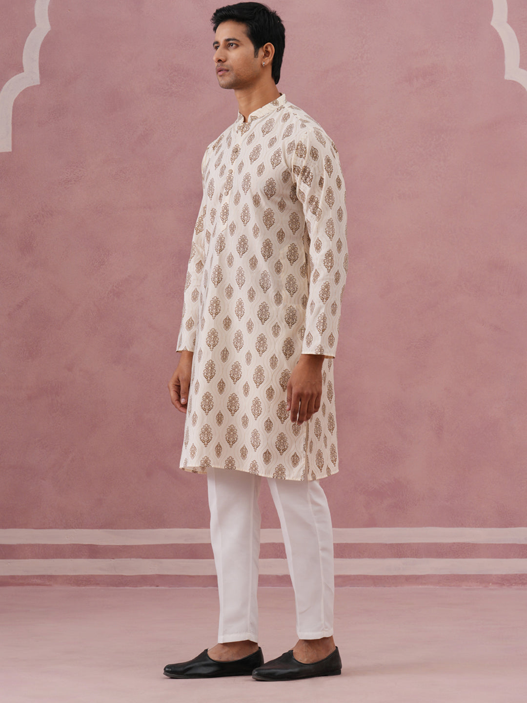 Silk-Blend Foil Printed Festive Kurta Pyjama ( 65KP P 5366 P 5366Cream ) [FF] [A-1-4]