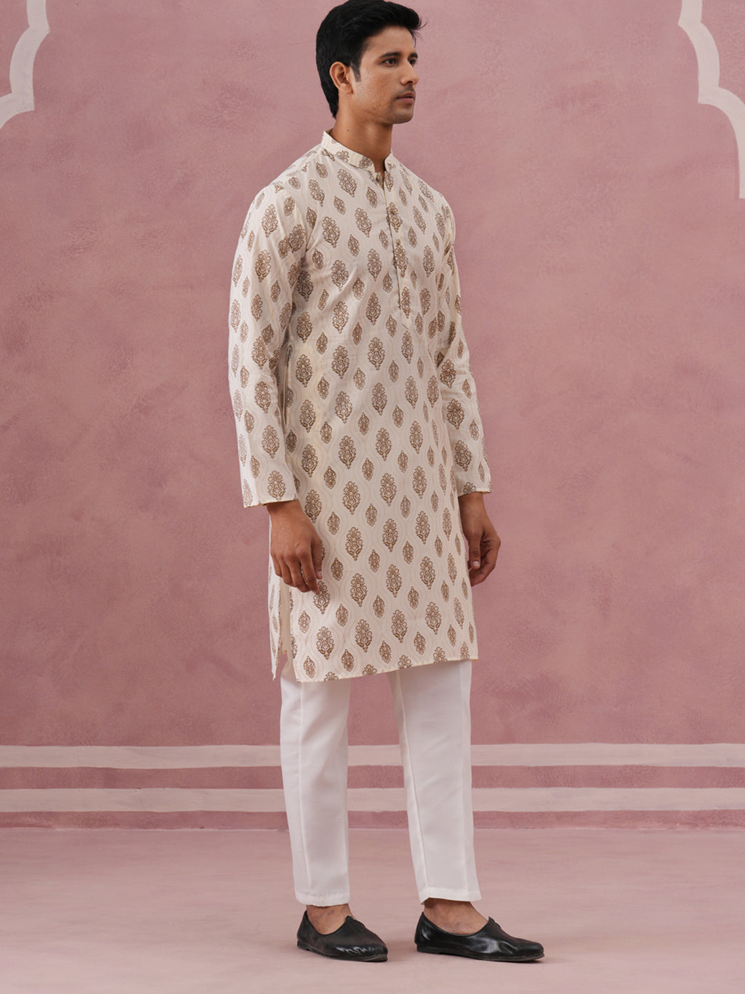 Silk-Blend Foil Printed Festive Kurta Pyjama ( 65KP P 5366 P 5366Cream ) [FF] [A-1-4]