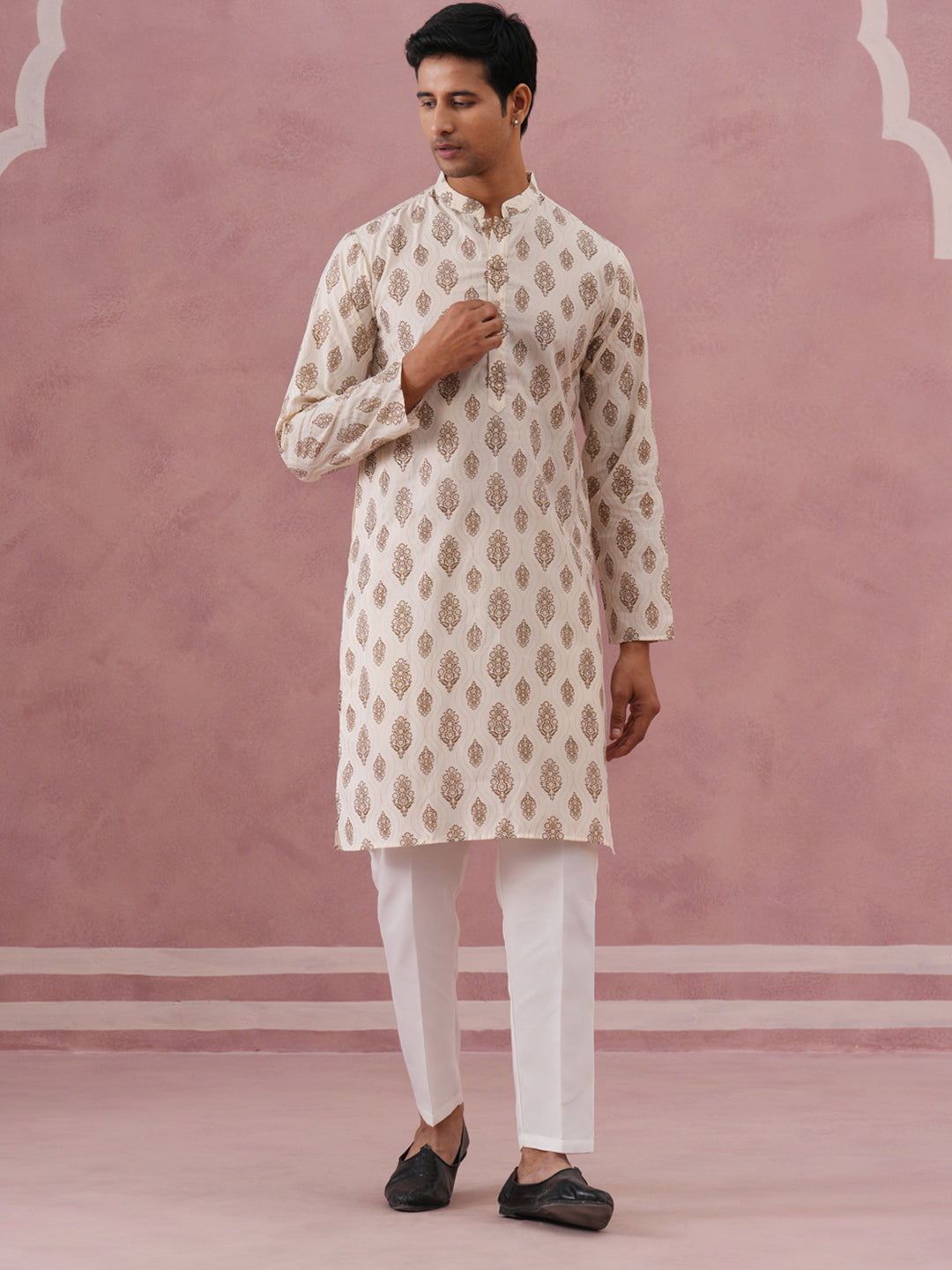 Silk-Blend Foil Printed Festive Kurta Pyjama ( 65KP P 5366 P 5366Cream ) [FF] [A-1-4]