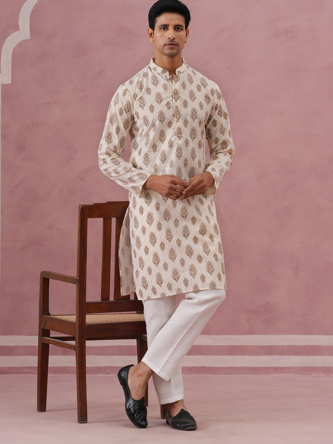 Silk-Blend Foil Printed Festive Kurta Pyjama ( 65KP P 5366 P 5366Cream ) [FF] [A-1-4]