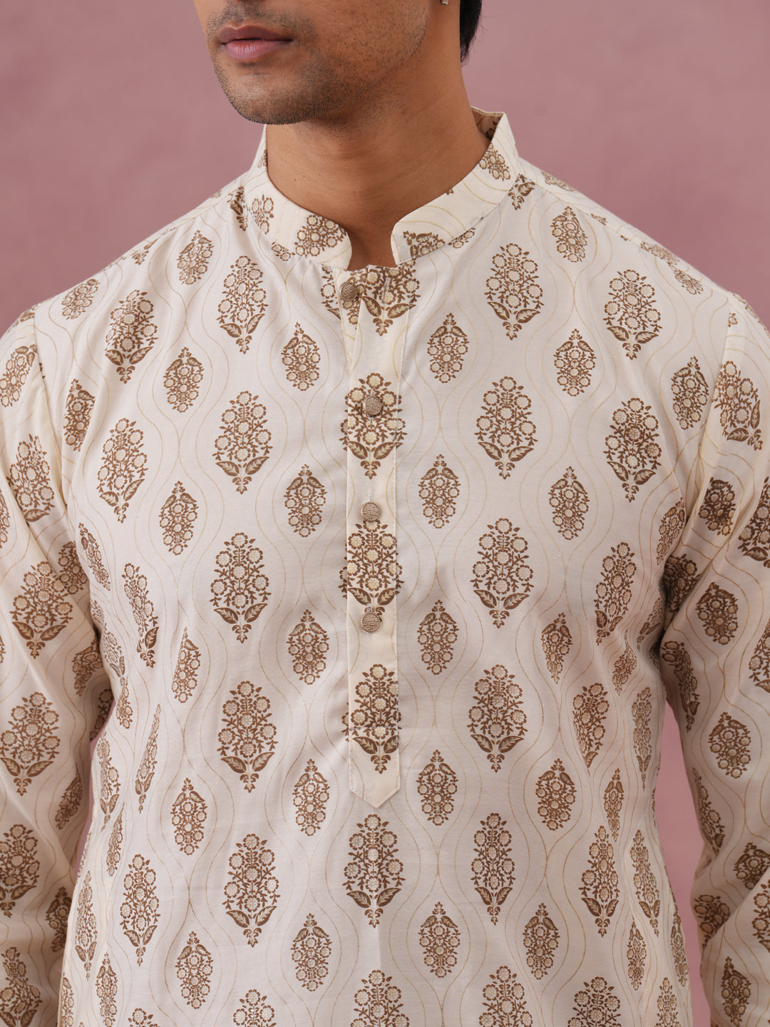 Silk-Blend Foil Printed Festive Kurta Pyjama ( 65KP P 5366 P 5366Cream ) [FF] [A-1-4]
