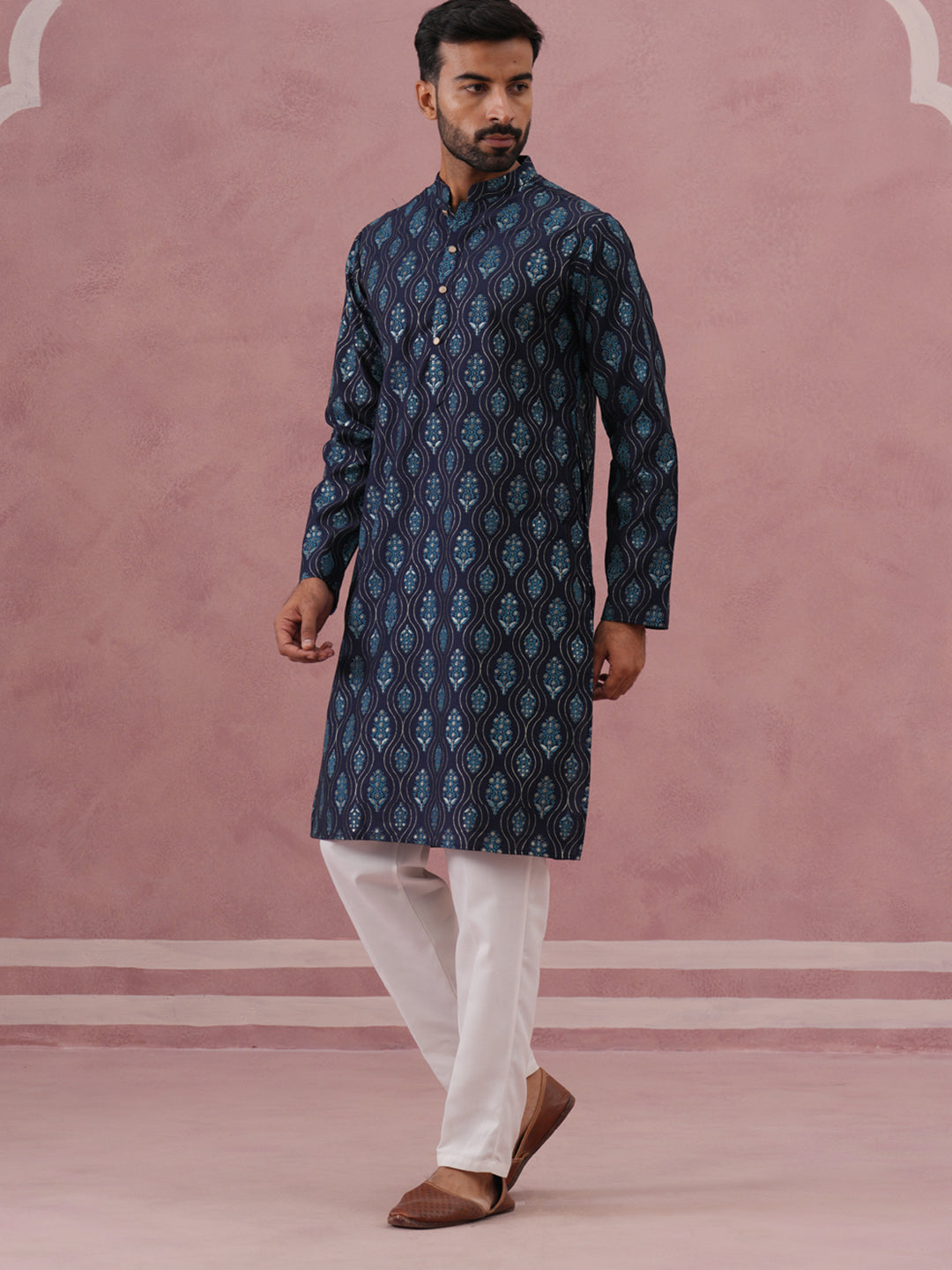 Silk-Blend Foil Printed Festive Kurta Pyjama ( 65KP P 5366 P 5366Navy ) [FF] [A-1-4]