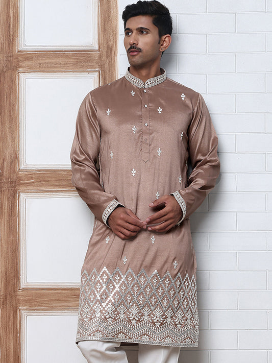 Traditional Silk-Blend Kurta Pyjama with Embroidery (65KP P 5371 Brown ) [FF] [A-1-4]