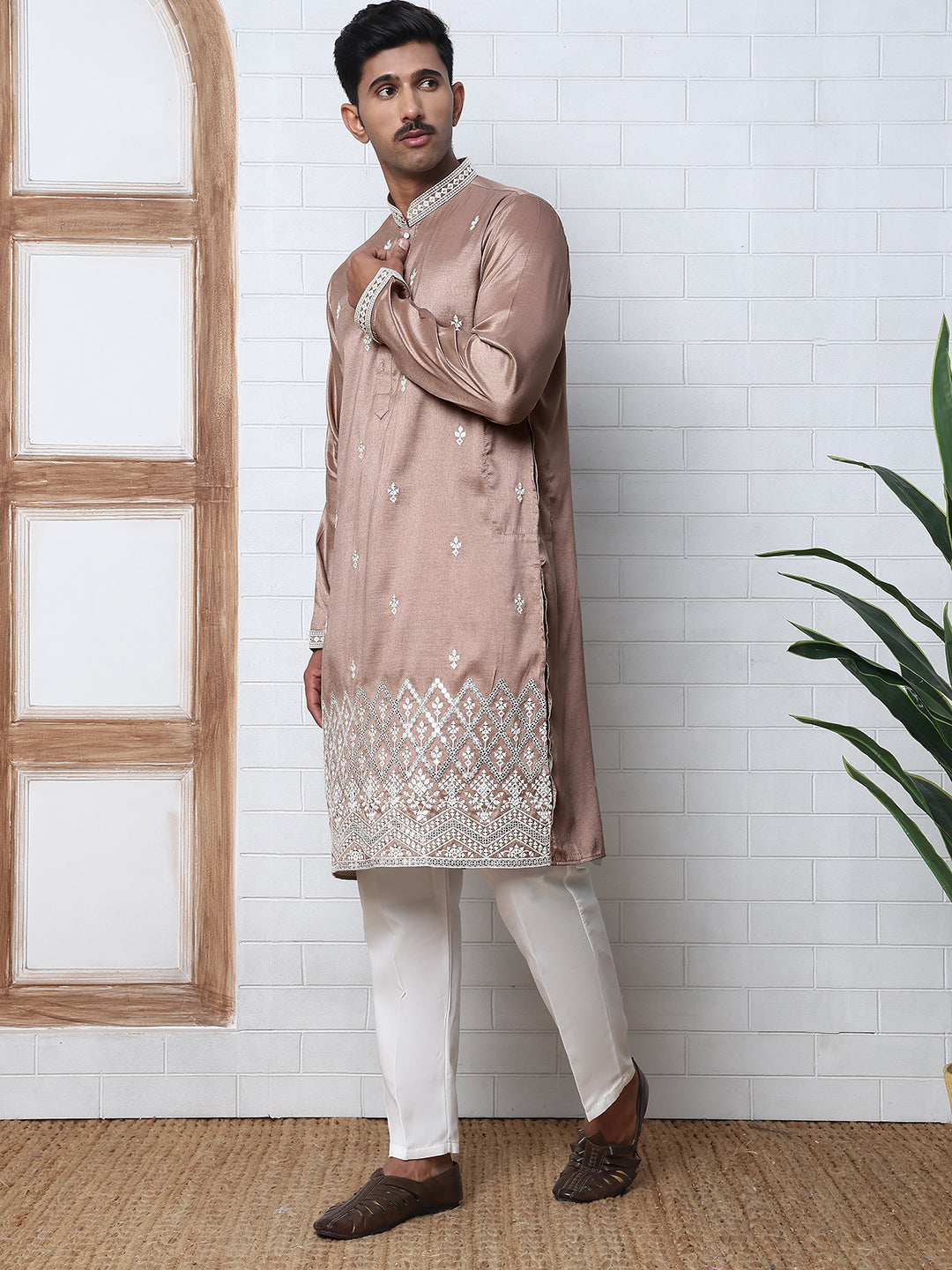 Traditional Silk-Blend Kurta Pyjama with Embroidery (65KP P 5371 Brown ) [FF] [A-1-4]