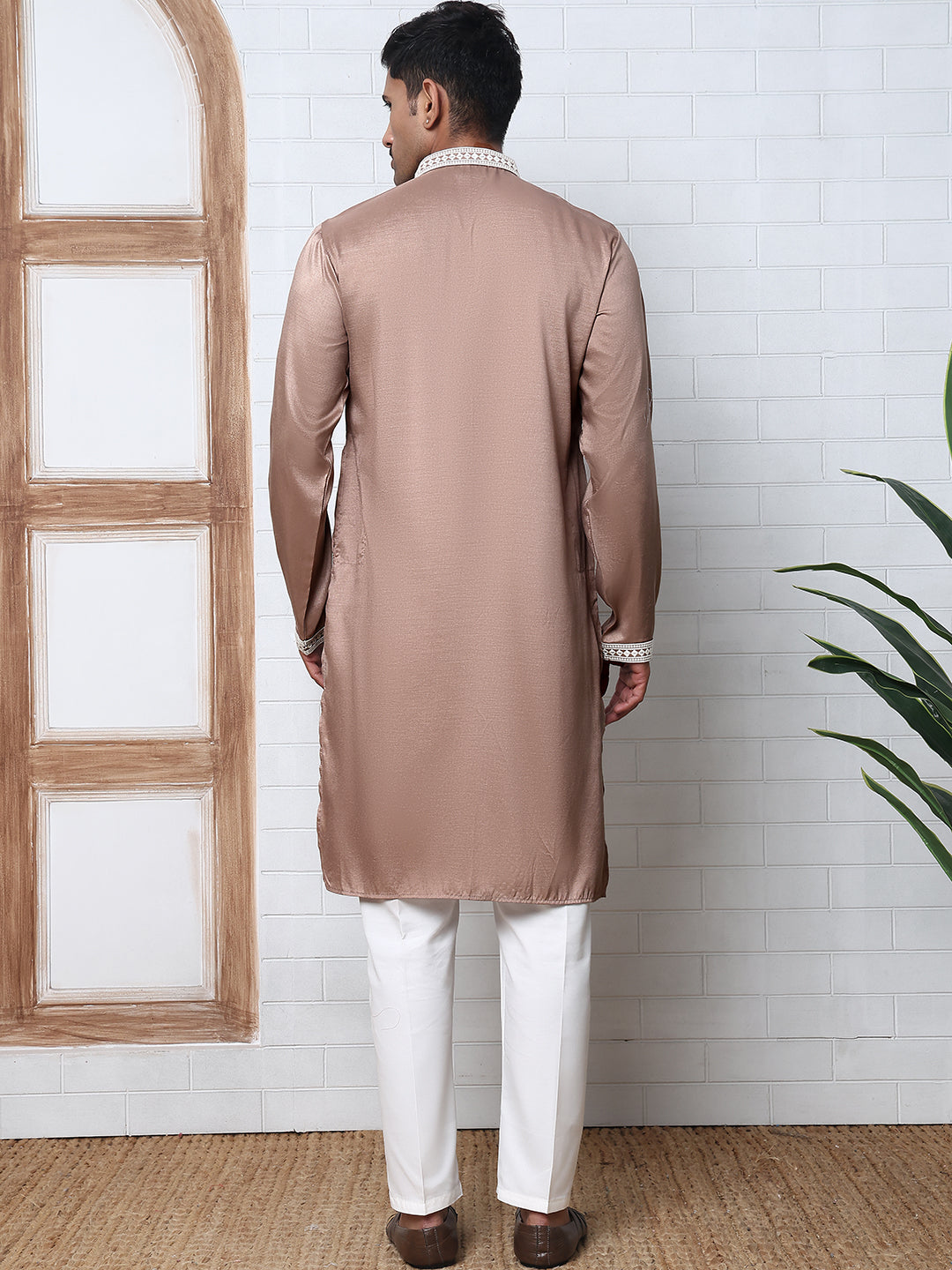 Traditional Silk-Blend Kurta Pyjama with Embroidery (65KP P 5371 Brown ) [FF] [A-1-4]