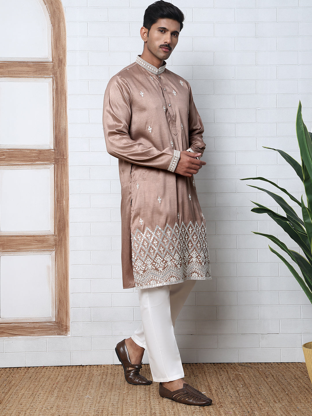 Traditional Silk-Blend Kurta Pyjama with Embroidery (65KP P 5371 Brown ) [FF] [A-1-4]