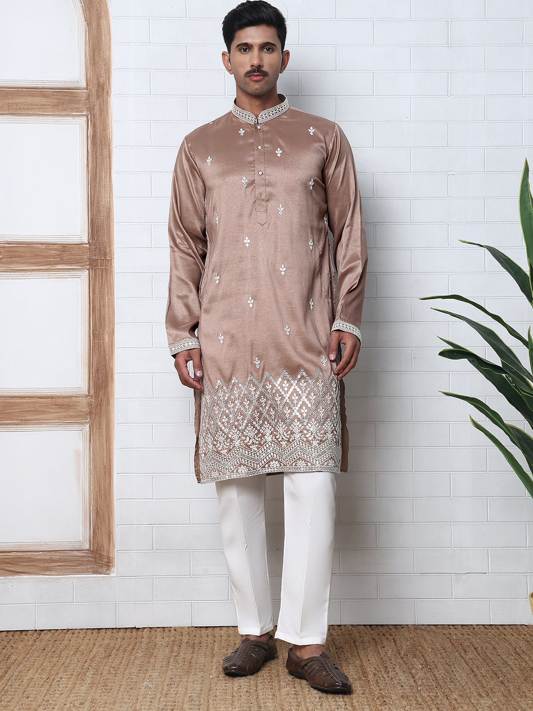 Traditional Silk-Blend Kurta Pyjama with Embroidery (65KP P 5371 Brown ) [FF] [A-1-4]