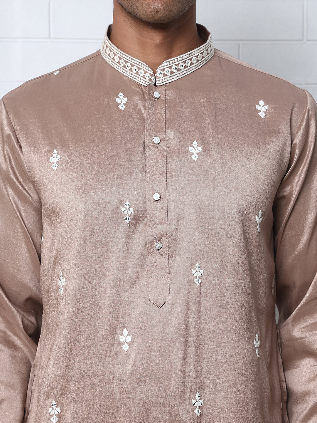 Traditional Silk-Blend Kurta Pyjama with Embroidery (65KP P 5371 Brown ) [FF] [A-1-4]