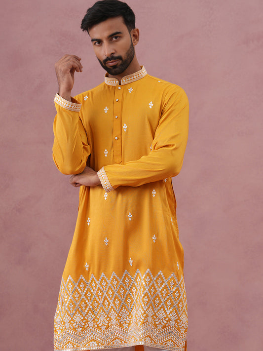Traditional Silk-Blend Kurta Pyjama with Embroidery ( 65KP P 5371 P 5371Mustard ) [FF] [A-1-4]