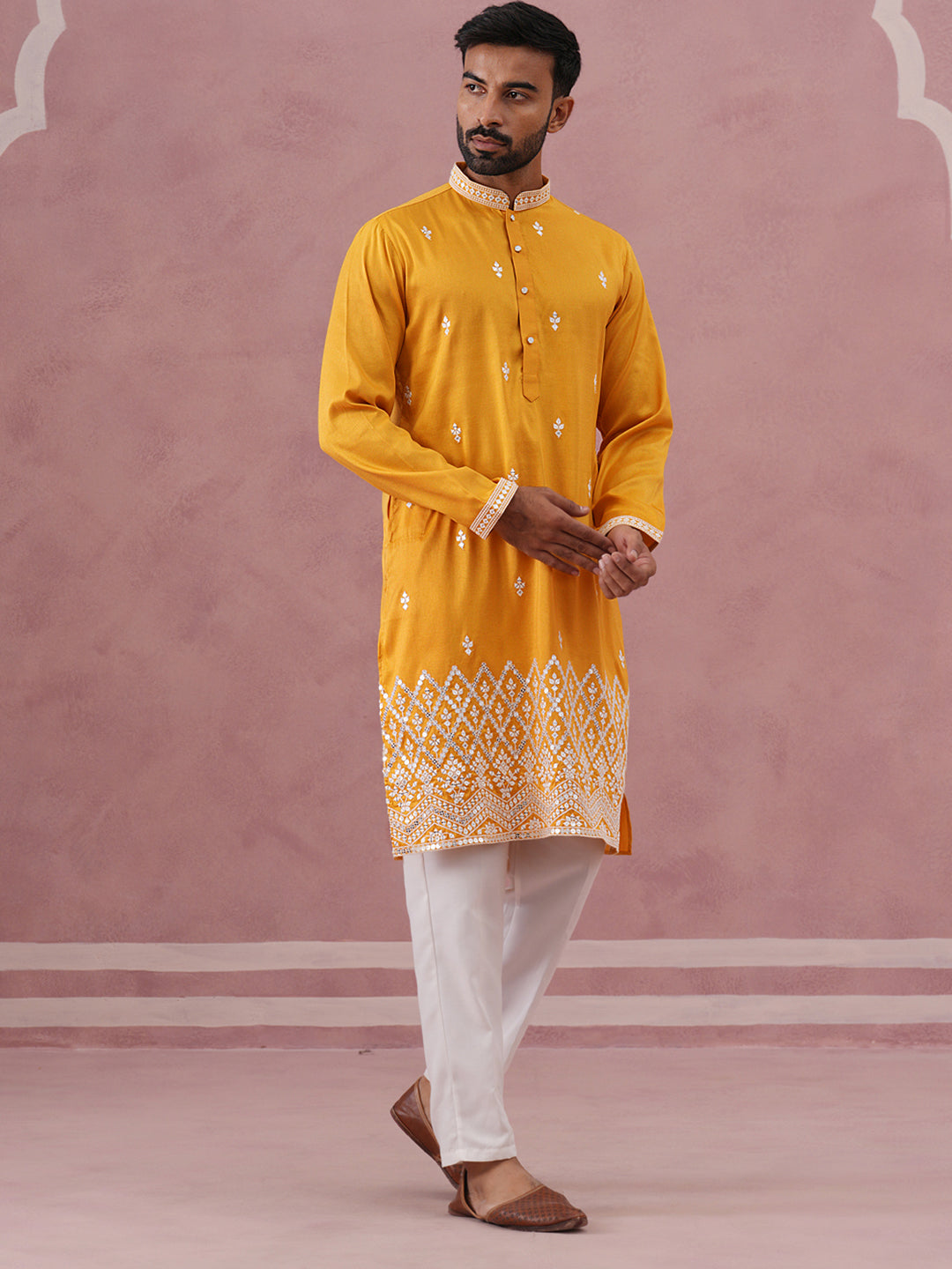 Traditional Silk-Blend Kurta Pyjama with Embroidery ( 65KP P 5371 P 5371Mustard ) [FF] [A-1-4]