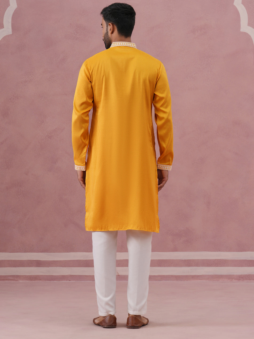 Traditional Silk-Blend Kurta Pyjama with Embroidery ( 65KP P 5371 P 5371Mustard ) [FF] [A-1-4]