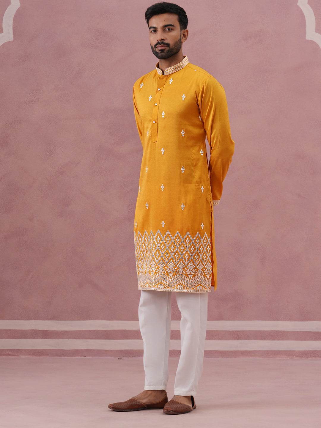 Traditional Silk-Blend Kurta Pyjama with Embroidery ( 65KP P 5371 P 5371Mustard ) [FF] [A-1-4]