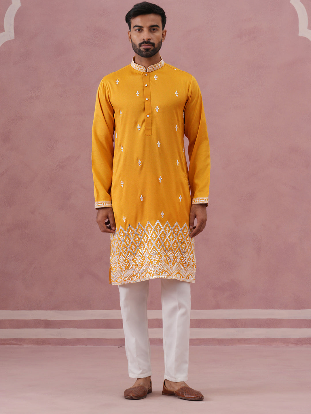 Traditional Silk-Blend Kurta Pyjama with Embroidery ( 65KP P 5371 P 5371Mustard ) [FF] [A-1-4]