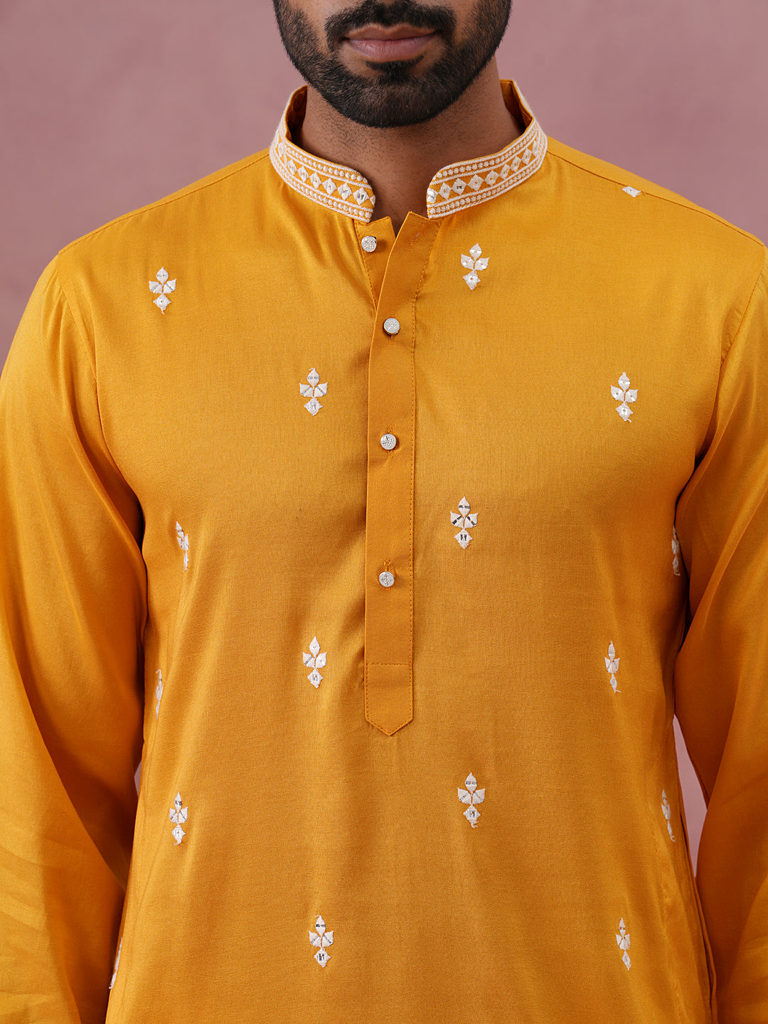 Traditional Silk-Blend Kurta Pyjama with Embroidery ( 65KP P 5371 P 5371Mustard ) [FF] [A-1-4]