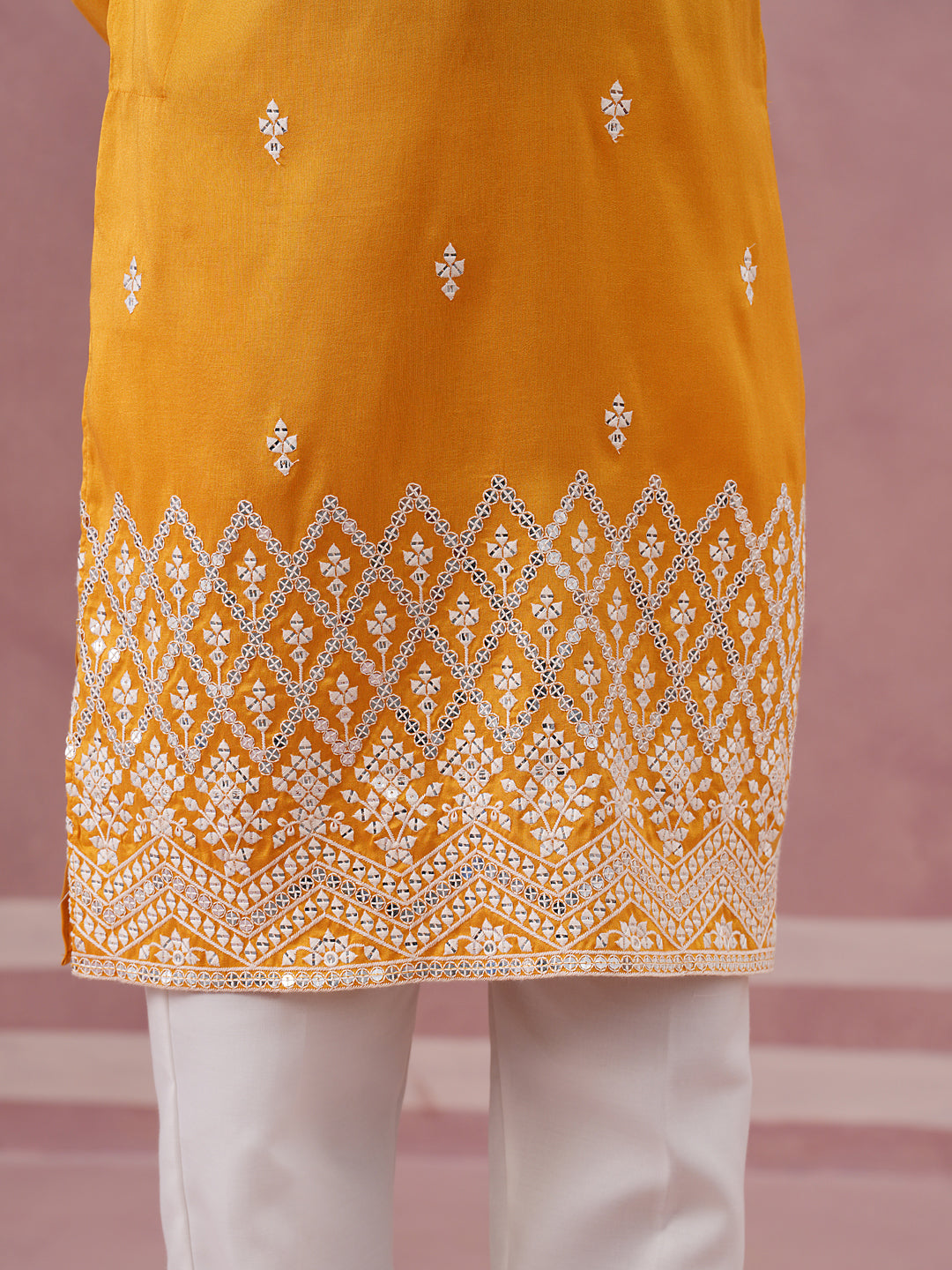 Traditional Silk-Blend Kurta Pyjama with Embroidery ( 65KP P 5371 P 5371Mustard ) [FF] [A-1-4]