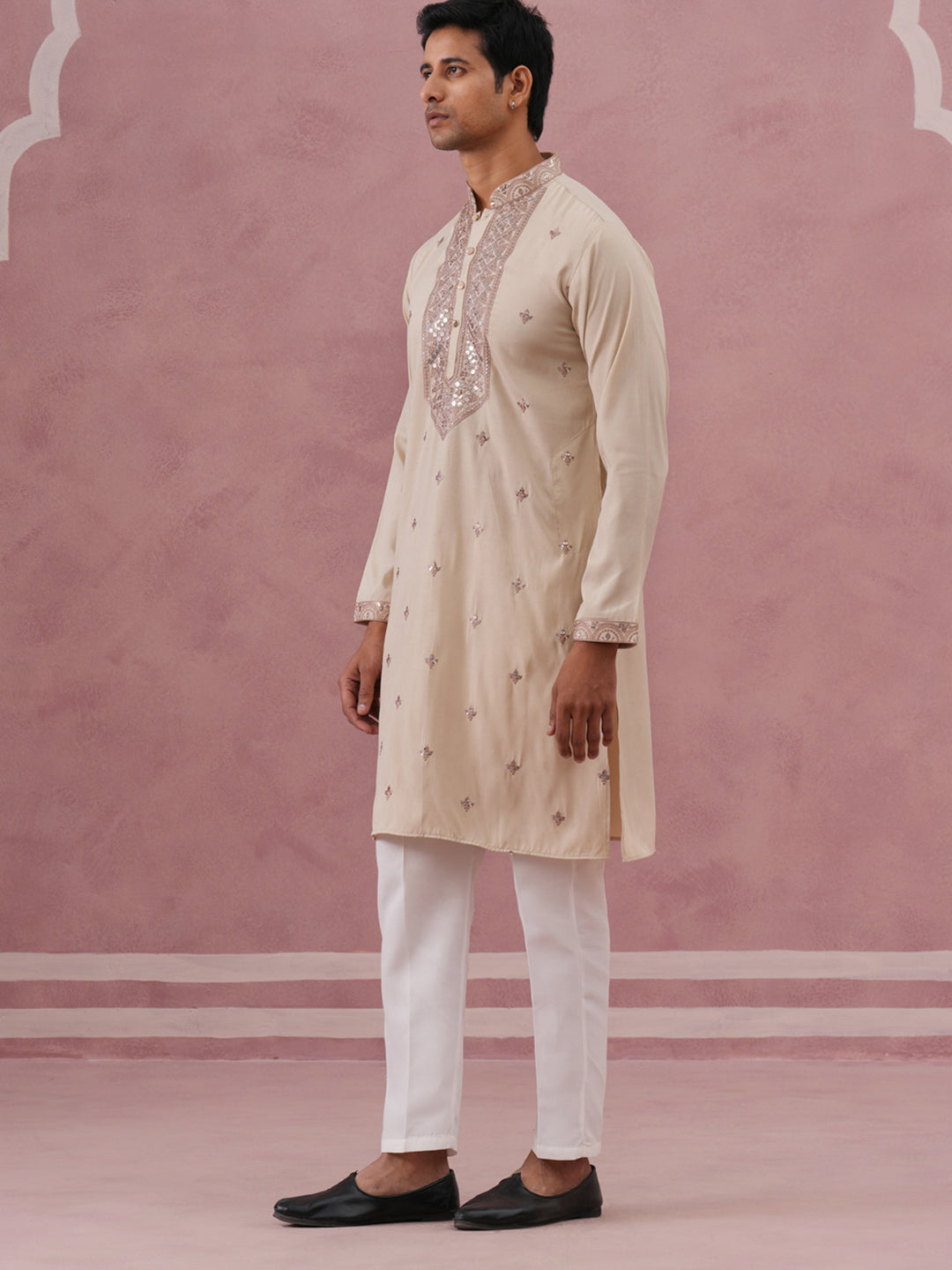 Silk Blend Embroidered Kurta Pyjama Set for Men ( 65KP P 5373 P 5373Cream ) [FF] [P-5]