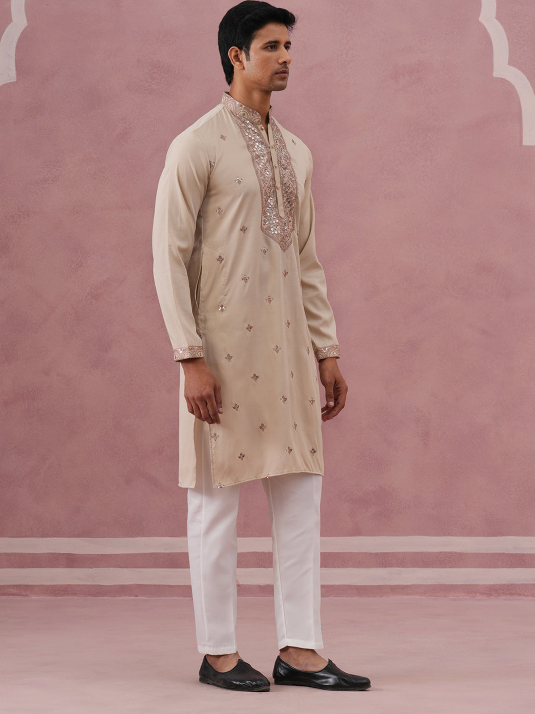 Silk Blend Embroidered Kurta Pyjama Set for Men ( 65KP P 5373 P 5373Cream ) [FF] [P-5]