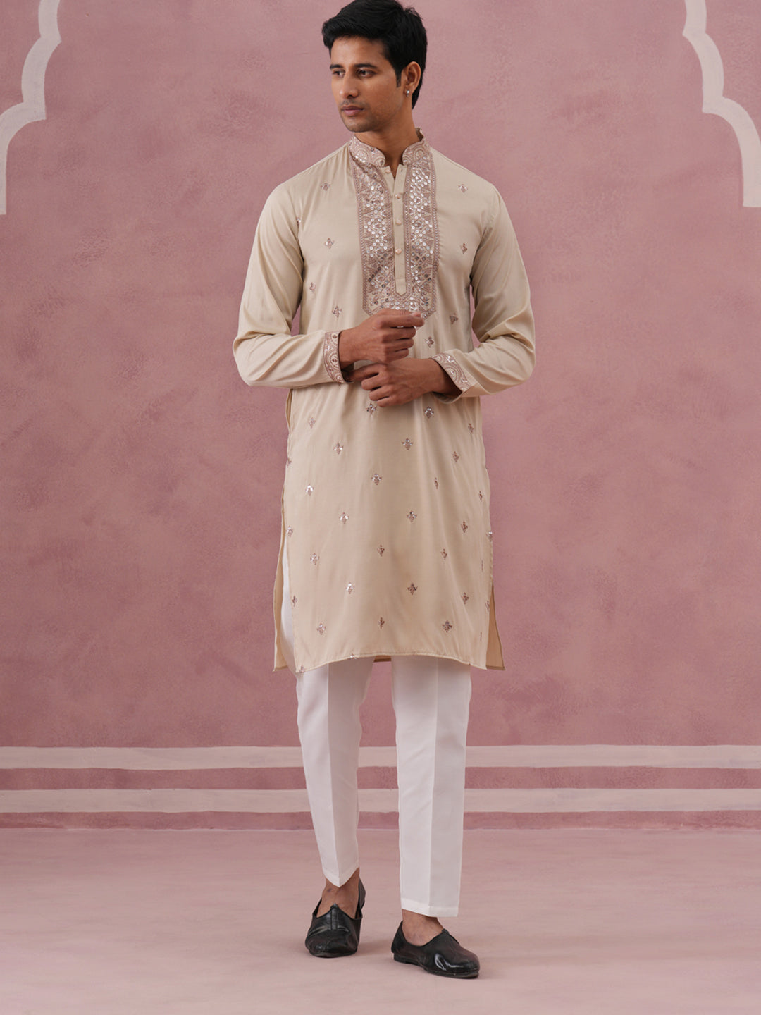 Silk Blend Embroidered Kurta Pyjama Set for Men ( 65KP P 5373 P 5373Cream ) [FF] [P-5]