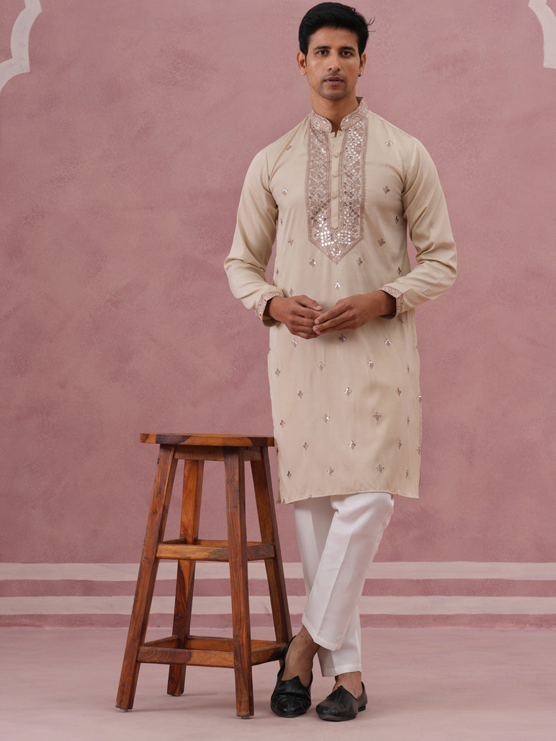 Silk Blend Embroidered Kurta Pyjama Set for Men ( 65KP P 5373 P 5373Cream ) [FF] [P-5]