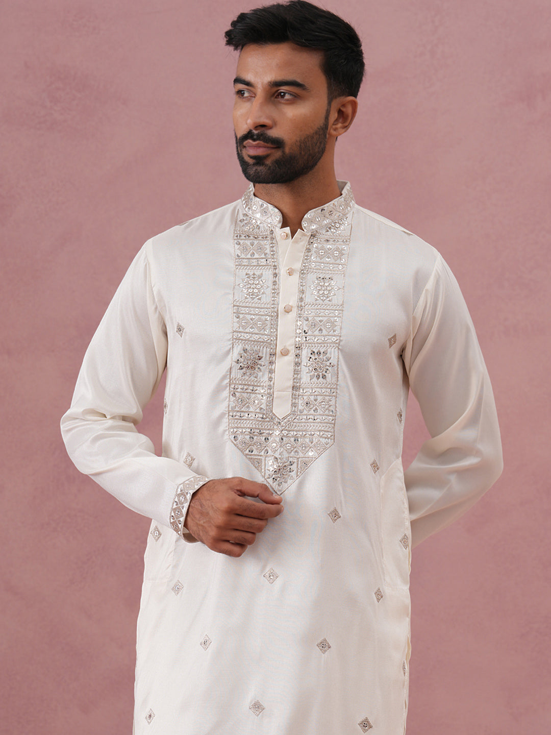 Silk Blend Embroidered Kurta Pyjama Set for Men ( 65KP P 5373 P 5373Off-White ) [FF] [P-5]
