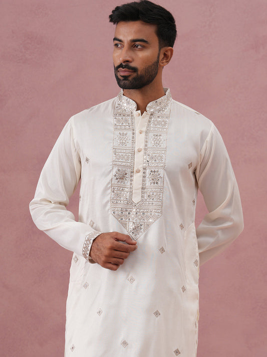 Silk Blend Embroidered Kurta Pyjama Set for Men ( 65KP P 5373 P 5373Off-White ) [FF] [P-5]