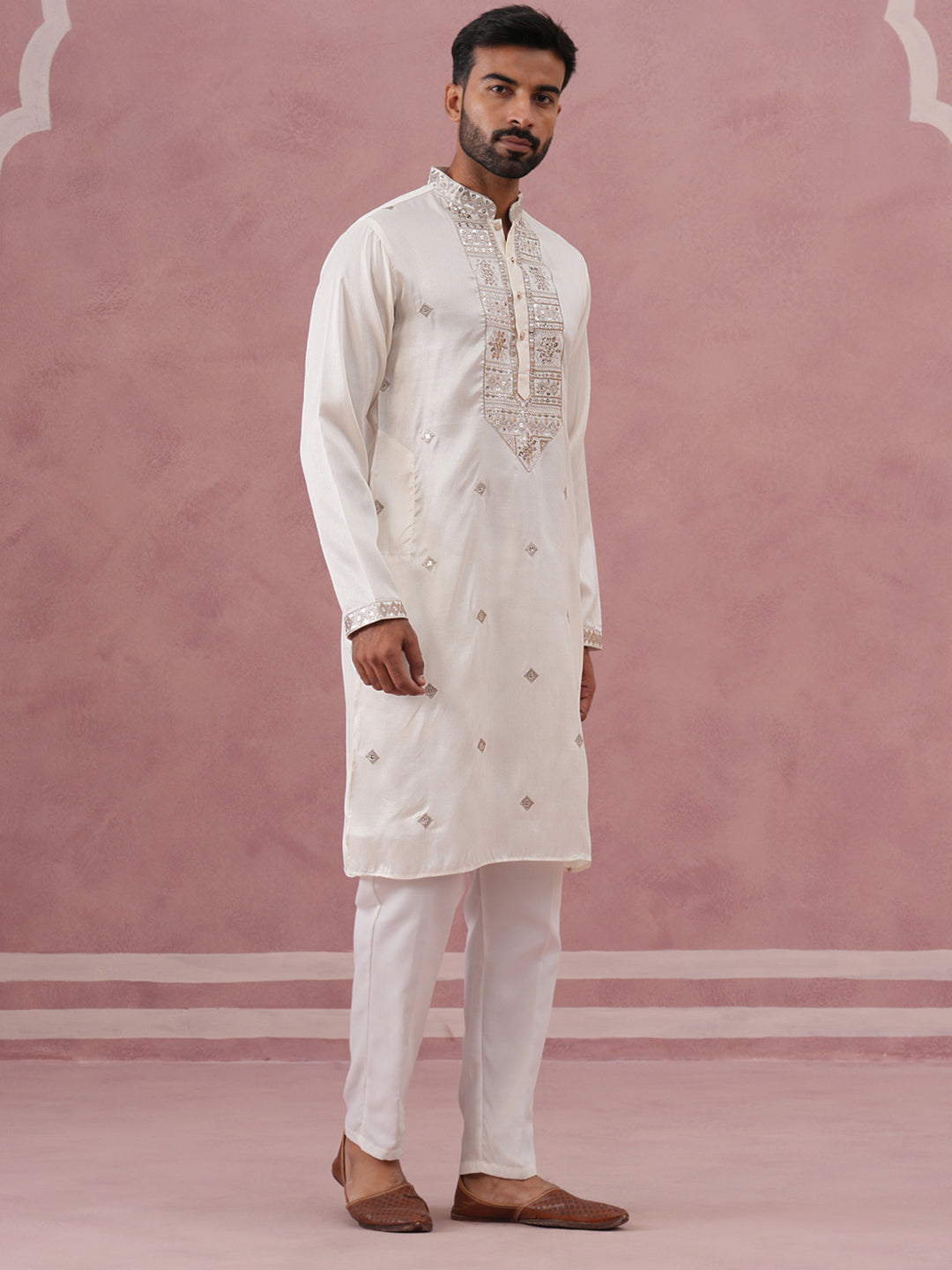 Silk Blend Embroidered Kurta Pyjama Set for Men ( 65KP P 5373 P 5373Off-White ) [FF] [P-5]