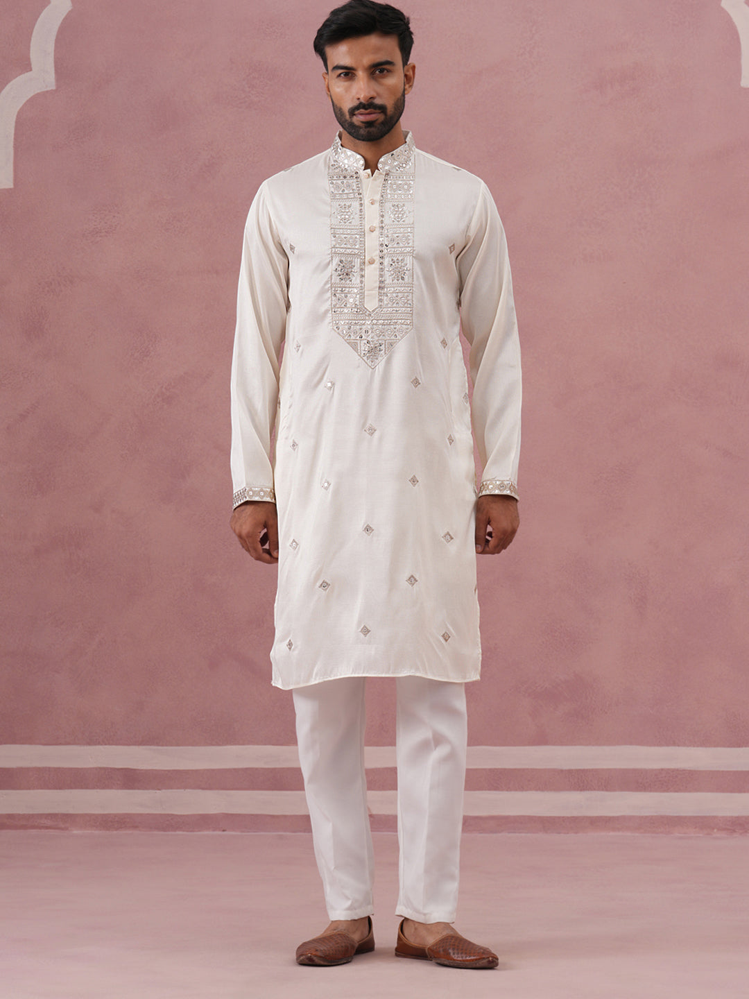Silk Blend Embroidered Kurta Pyjama Set for Men ( 65KP P 5373 P 5373Off-White ) [FF] [P-5]