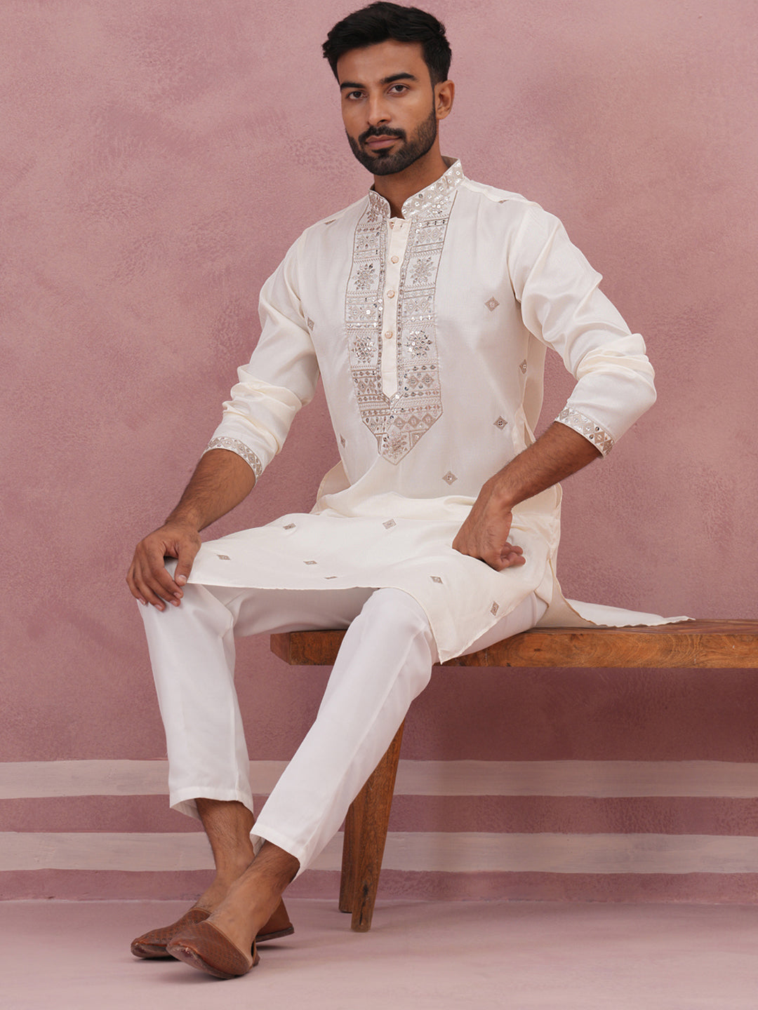 Silk Blend Embroidered Kurta Pyjama Set for Men ( 65KP P 5373 P 5373Off-White ) [FF] [P-5]