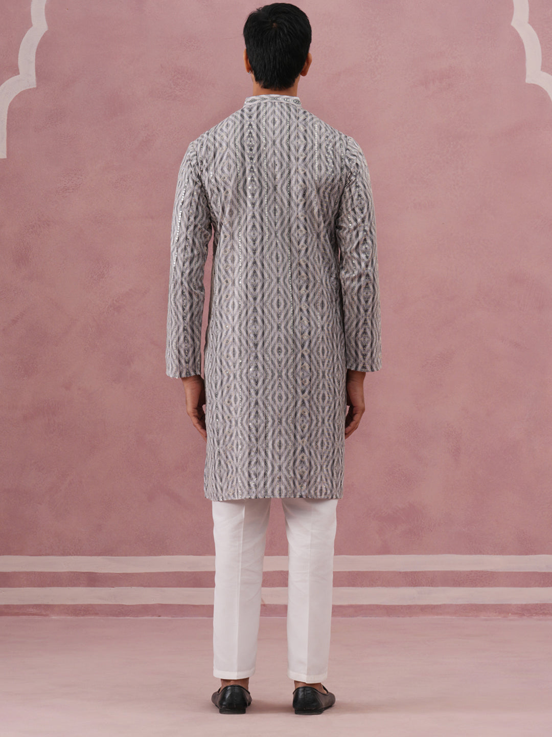 Grey Geometric Print & Sequin Kurta Set (65KP P 5379 Grey ) [FF] [A-1-4]
