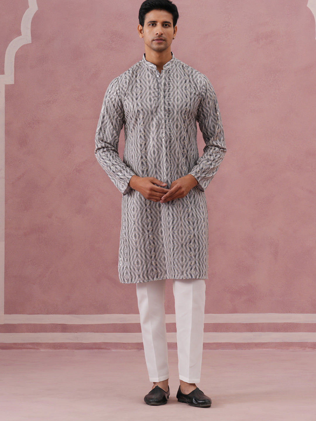 Grey Geometric Print & Sequin Kurta Set (65KP P 5379 Grey ) [FF] [A-1-4]