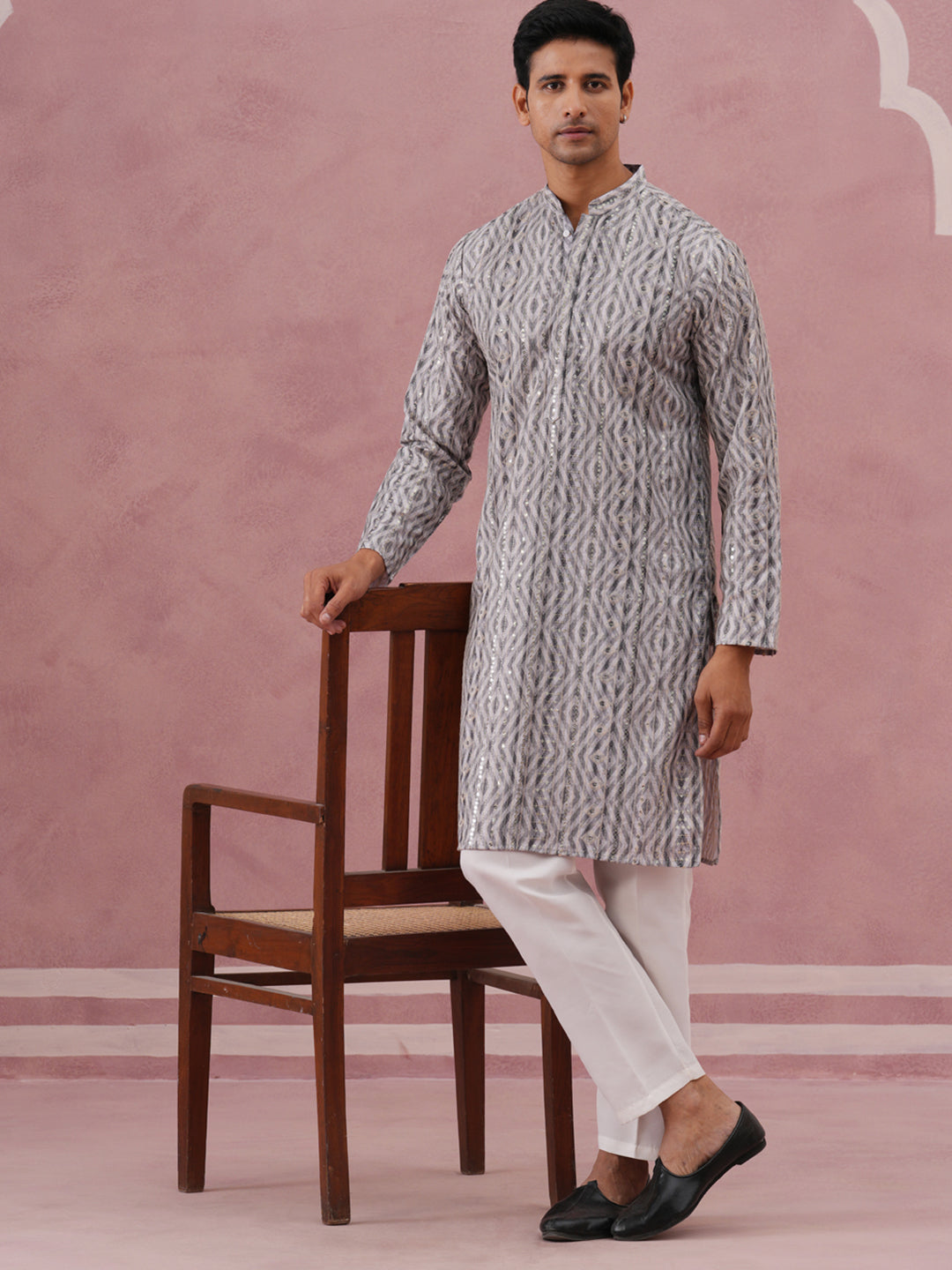 Grey Geometric Print & Sequin Kurta Set (65KP P 5379 Grey ) [FF] [A-1-4]